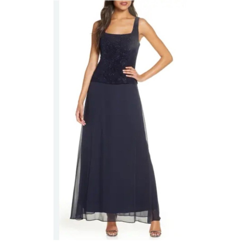 Alex Evenings Long Dress 16 Navy Blue Sequin Wedding Cruise Party Holiday New